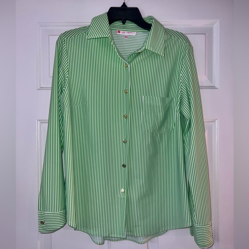 Kimber Cotton Stripe Point Collar Curved High-Low Long Sleeve Button-Front Shirt